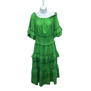 Wishing Waves Women's Dress Large Kelly Green Smocked tiered Ruffle Boho Resort